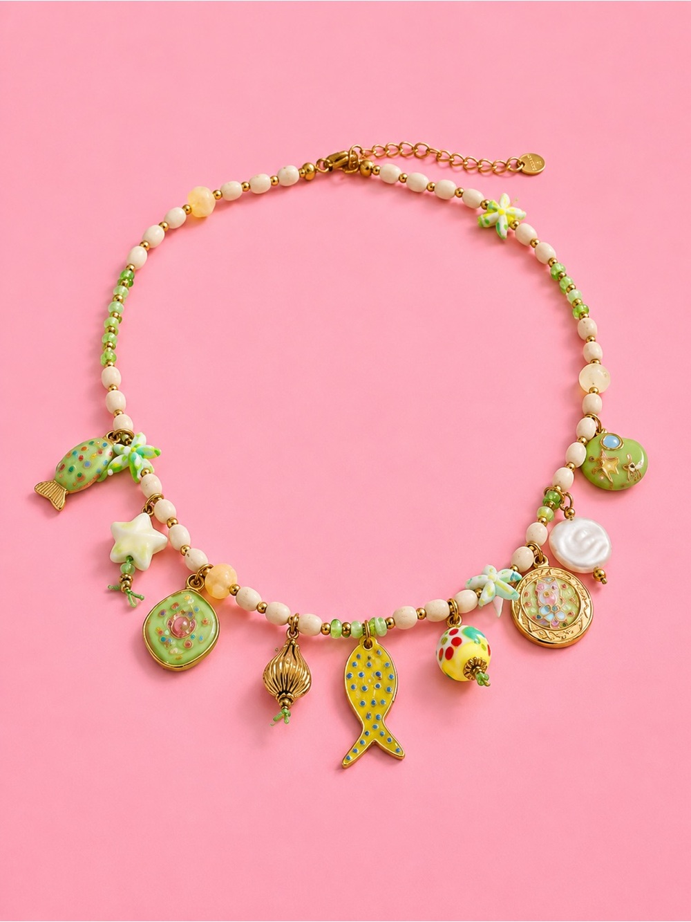 Beachy Green Fish Gold Charm Necklace - Picture 3 of 12